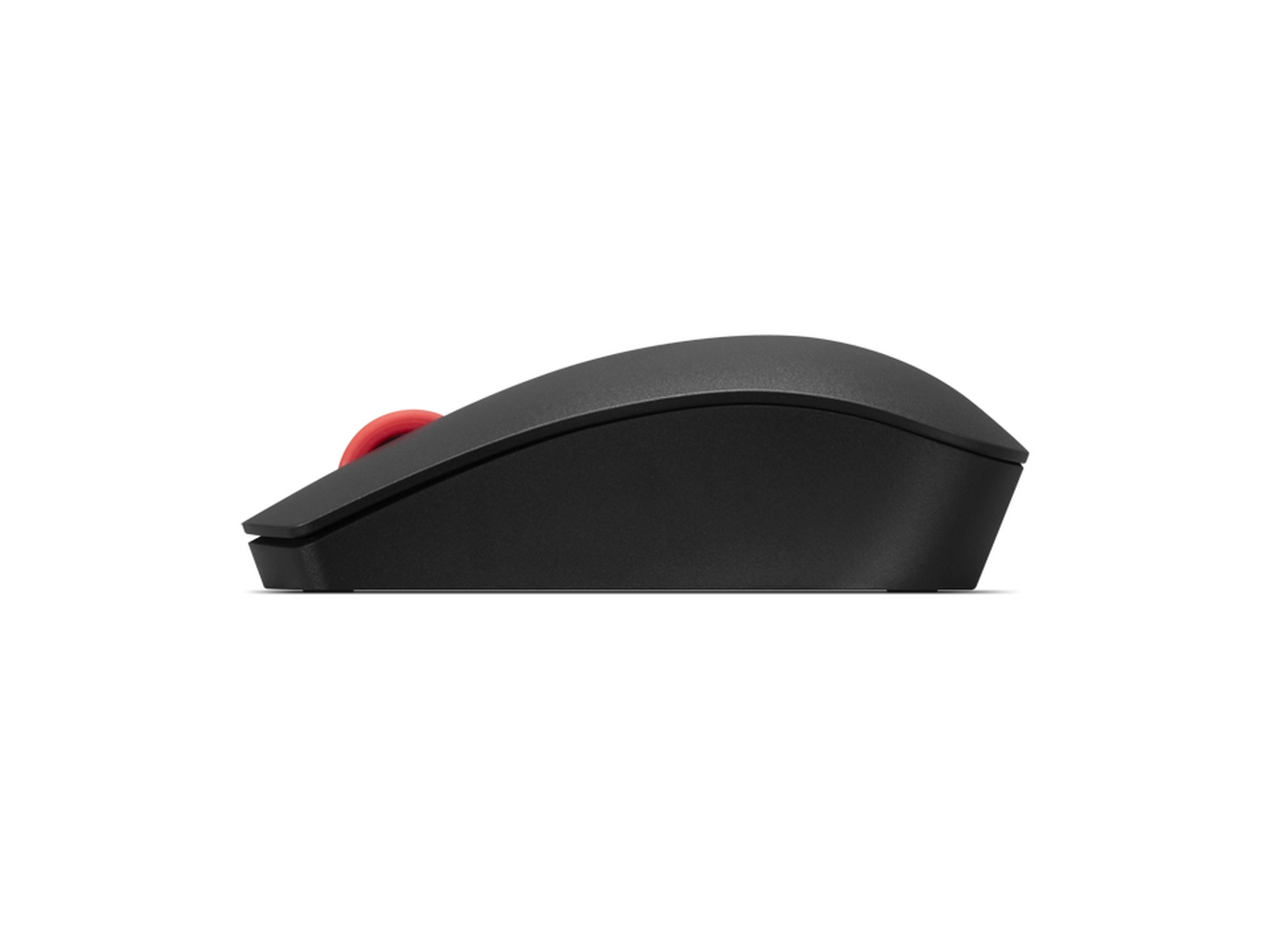 Vista laterale di un mouse nero con rotella rossa, su sfondo bianco.