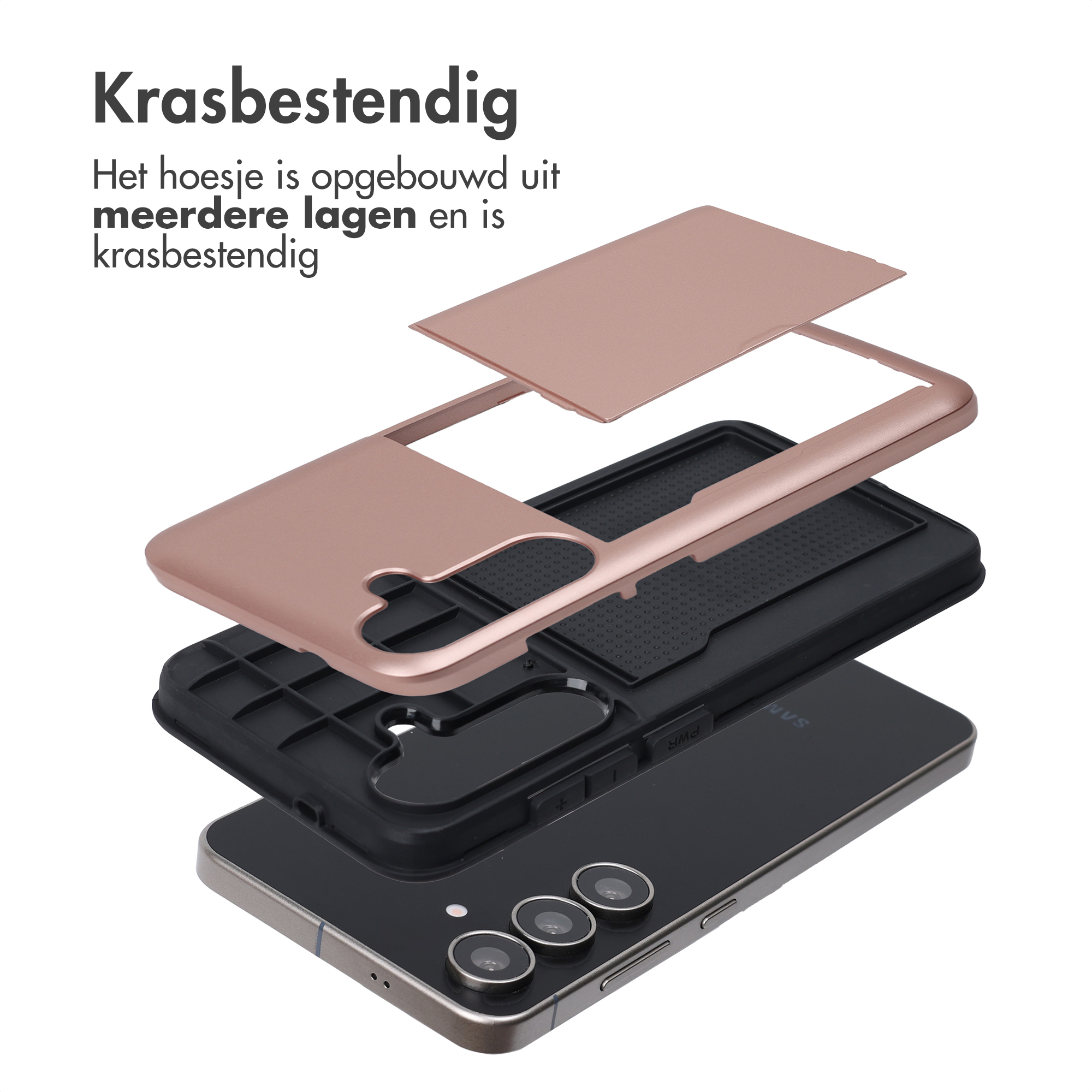 Vue éclatée d'une coque de téléphone. Plusieurs couches en or rose et noir, avec un téléphone en bas. Texte en haut.