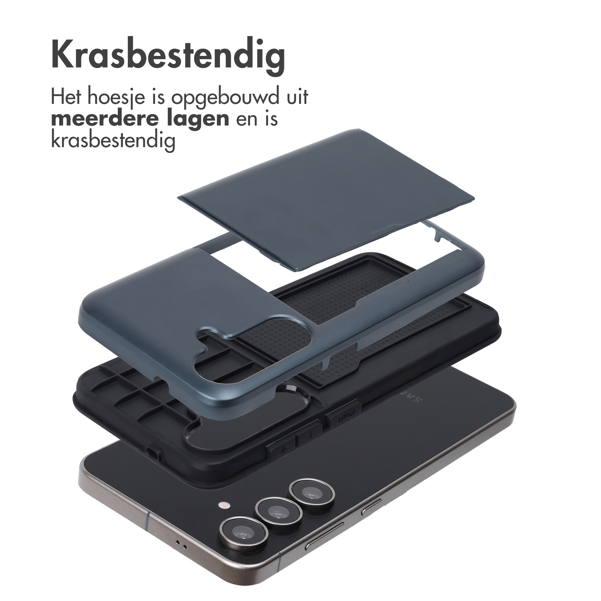 Telefoonhoesje, gedemonteerd. Lagen grijze hoesonderdelen en een telefoon worden getoond. De hoes is krasbestendig.