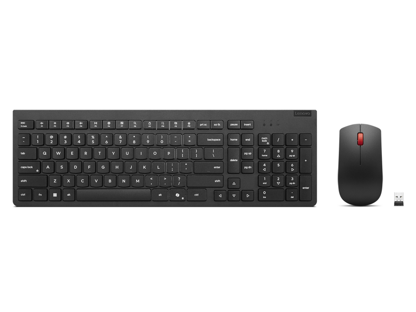 Set tastiera e mouse Lenovo neri. Tastiera a sinistra, mouse con ricevitore USB a destra.