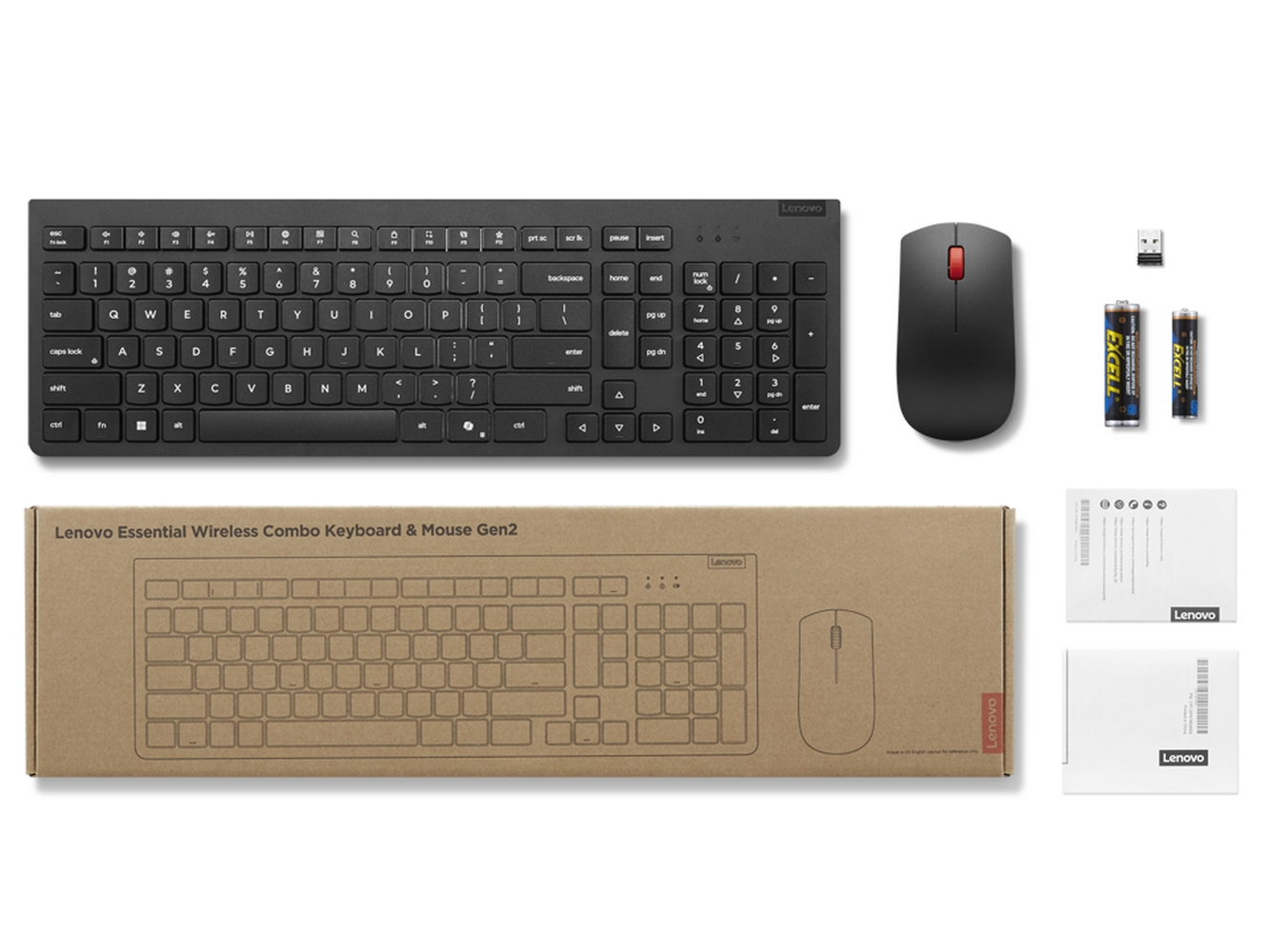 Un combo tastiera e mouse wireless Lenovo. Include tastiera, mouse, ricevitore USB, batterie e confezione del prodotto.