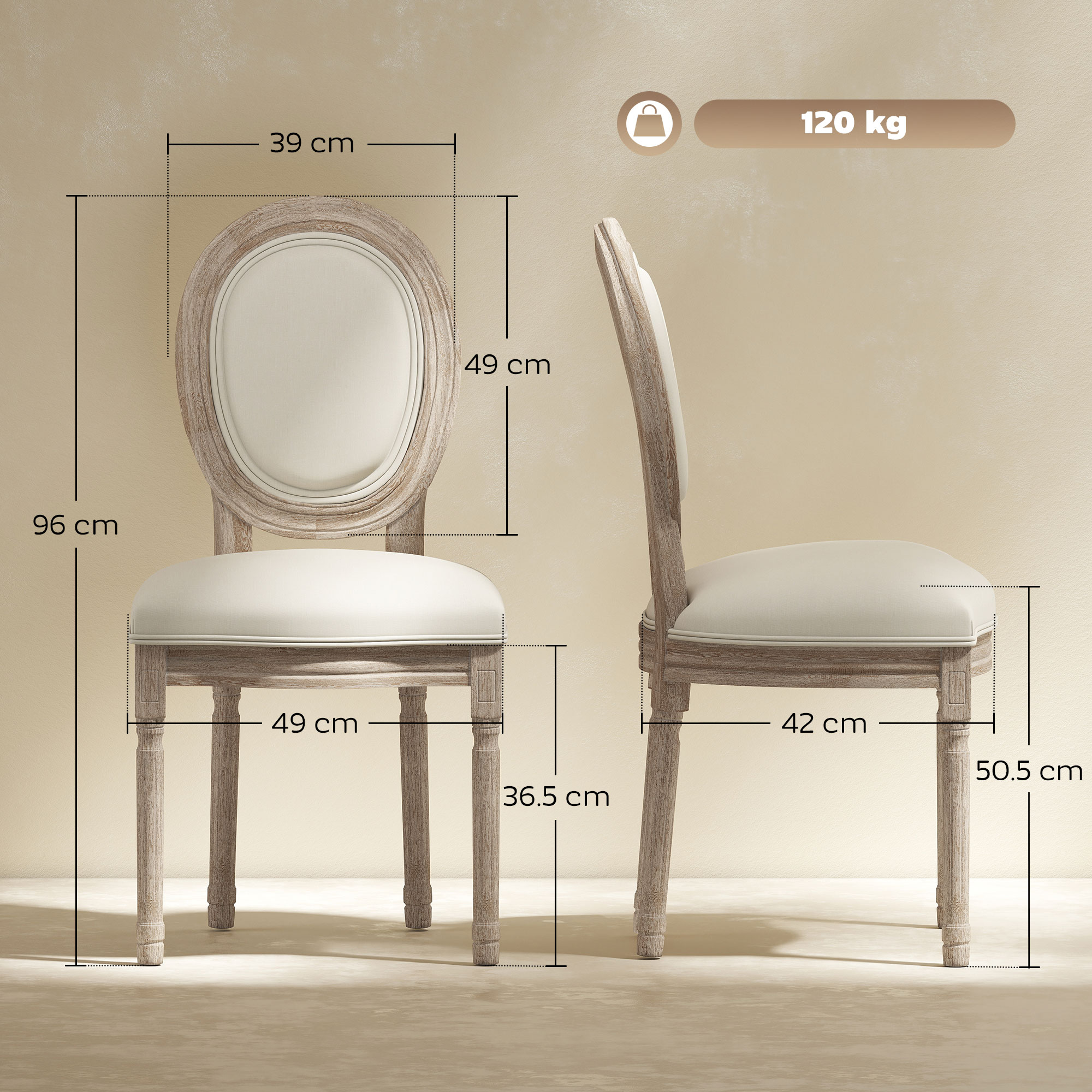 Due sedie in legno con sedute bianche, dimensioni fornite. Una sedia è mostrata di fronte e di lato.
