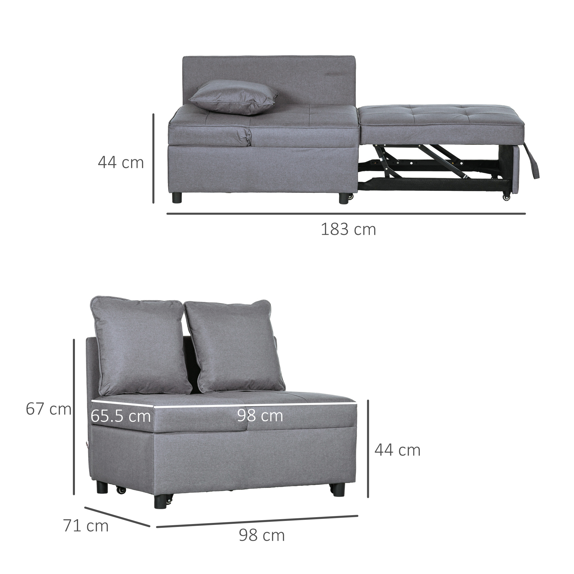 Un divano letto grigio con dimensioni mostrate. Ha un cuscino e un pouf separato.