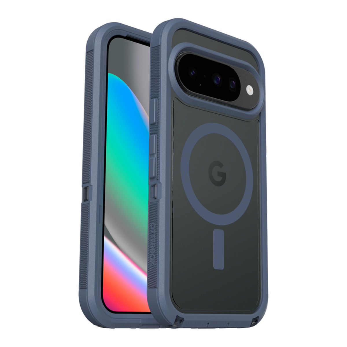 Une coque de téléphone bleue avec un téléphone à l'intérieur. La coque a un dos transparent avec un anneau magnétique bleu foncé et un logo Google.