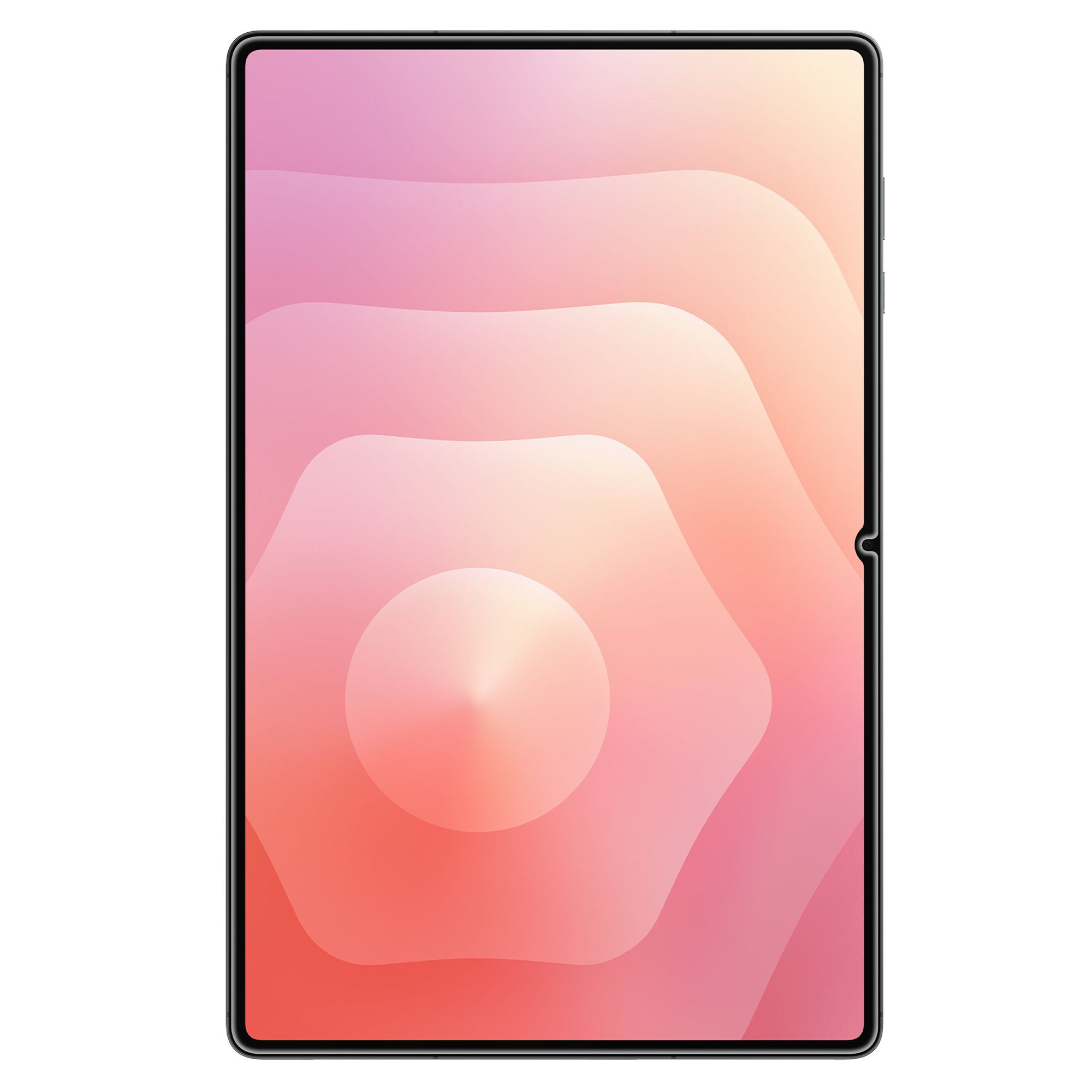 A tablet with a black border. The screen displays a colorful abstract design with pink and orange hues.