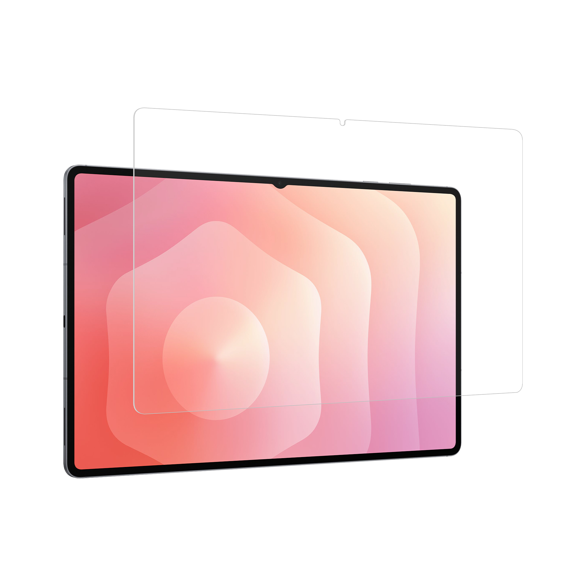 Tablet with screen protector. Tablet is black, screen shows pink and orange gradient. Protector is transparent.