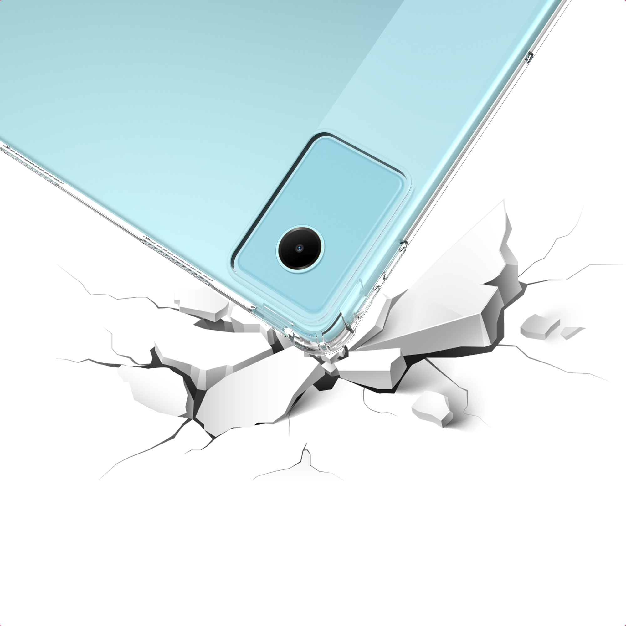 A phone in a clear case is falling, breaking the ground below. The phone is light blue. The ground is white with cracks.