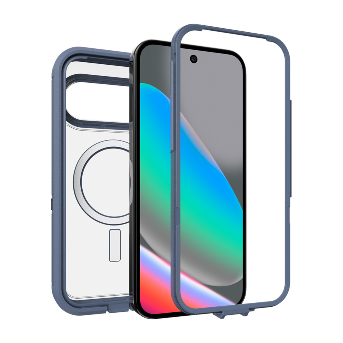 Un iPhone avec une coque de protection. Le téléphone est noir avec un écran affichant des couleurs bleues et vertes. La coque est bleue.