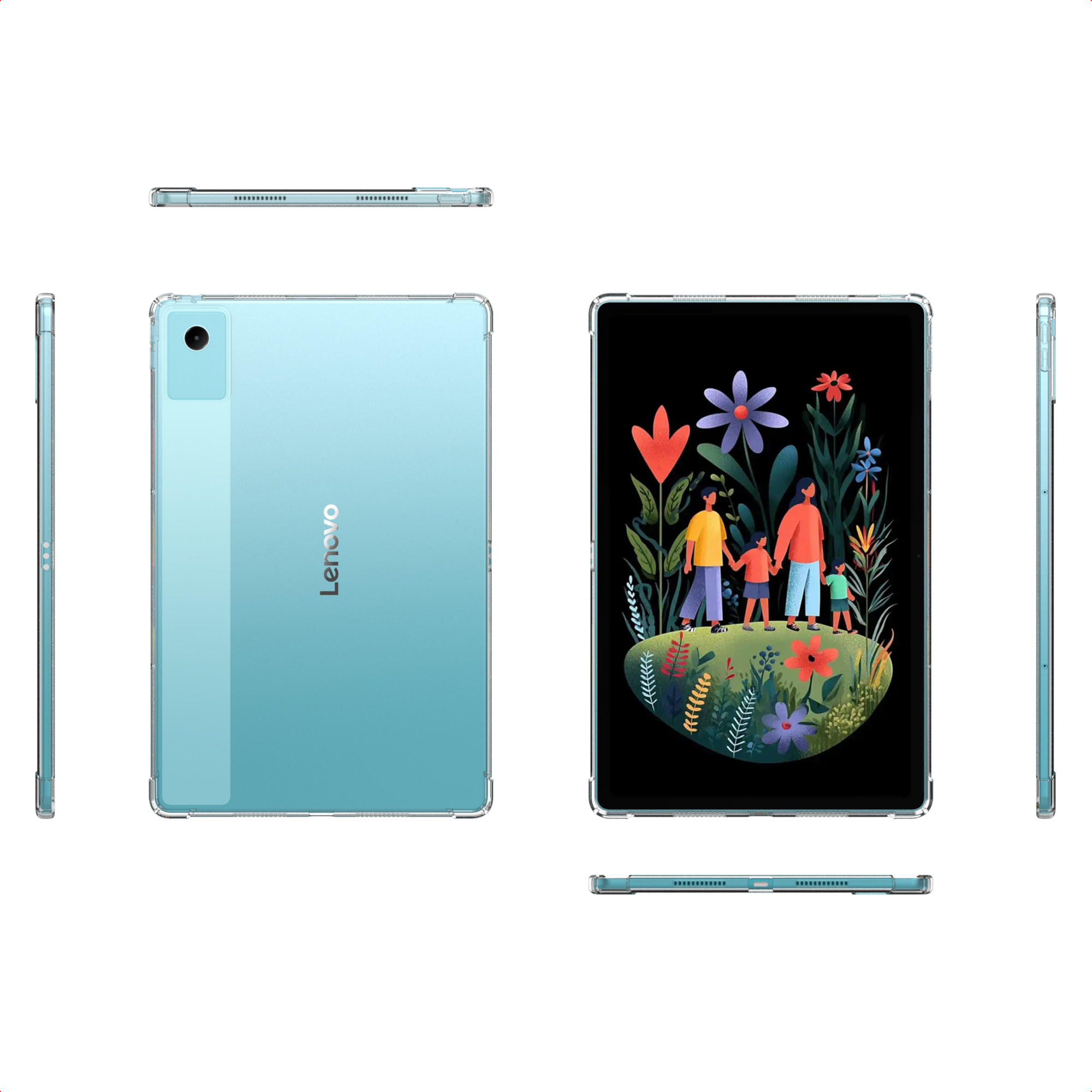 Tablet showing family illustration on screen. Tablet is teal and has a clear case.