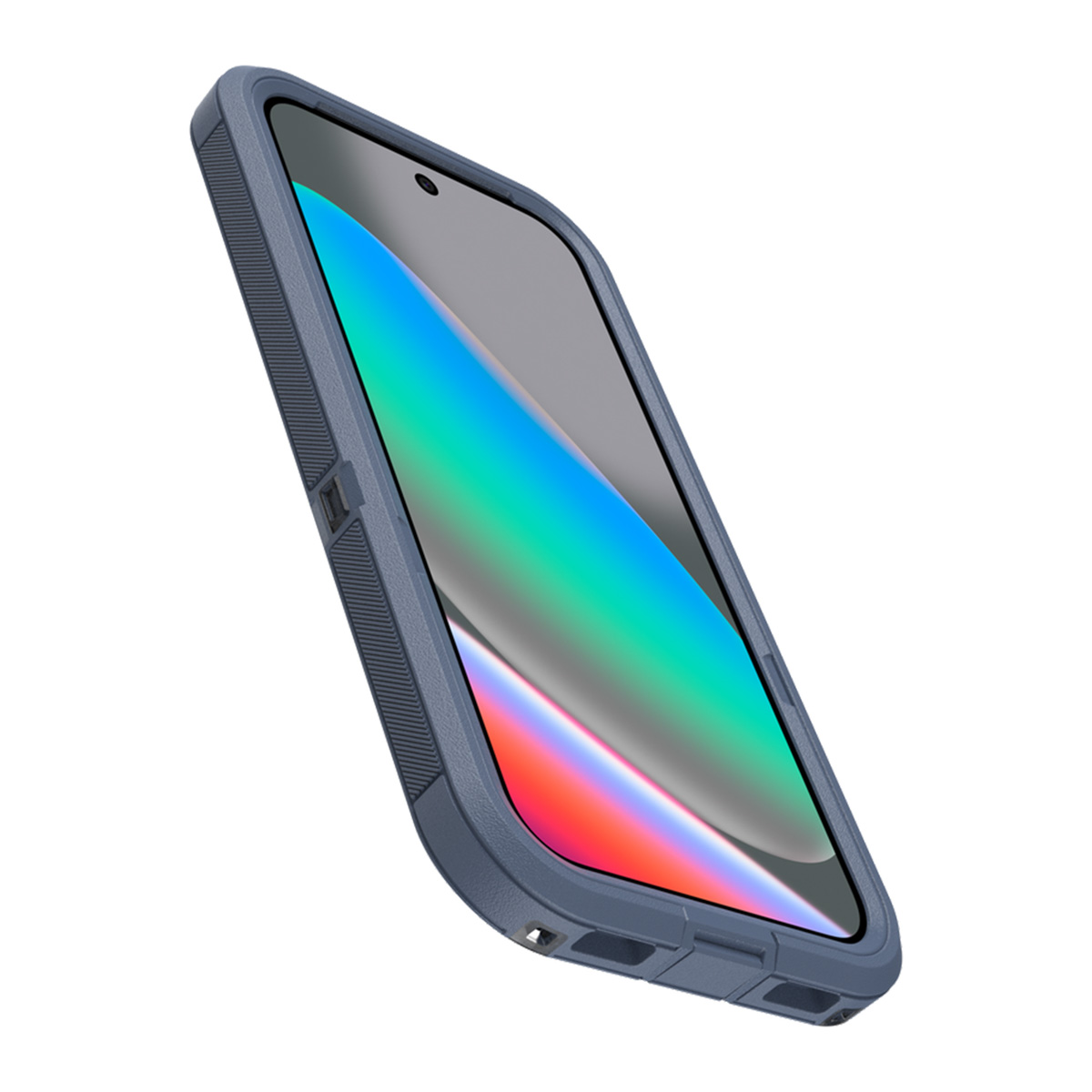 Un étui de téléphone bleu avec un téléphone à l'intérieur est incliné vers le spectateur. L'écran affiche un dégradé coloré.