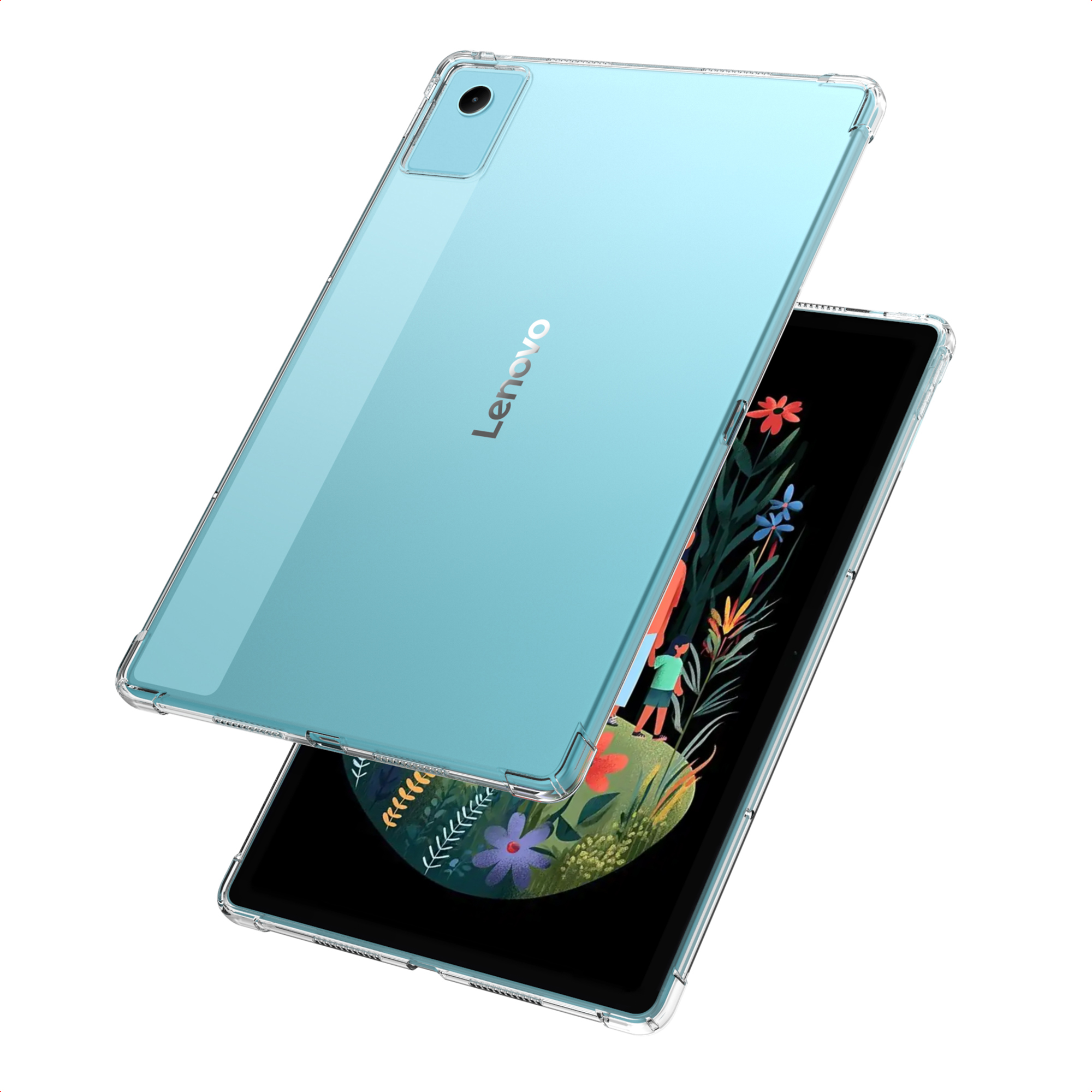 A Lenovo tablet with a clear case. The screen displays a colorful floral design with figures.