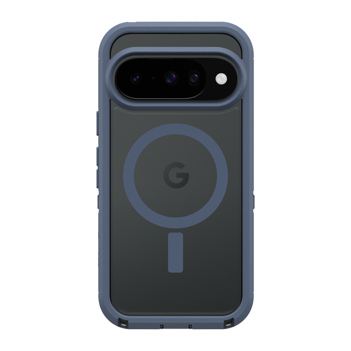 Une coque de téléphone bleue avec un dos transparent et un cercle magnétique gris foncé avec le logo 'G'. Le téléphone a une bosse de caméra.