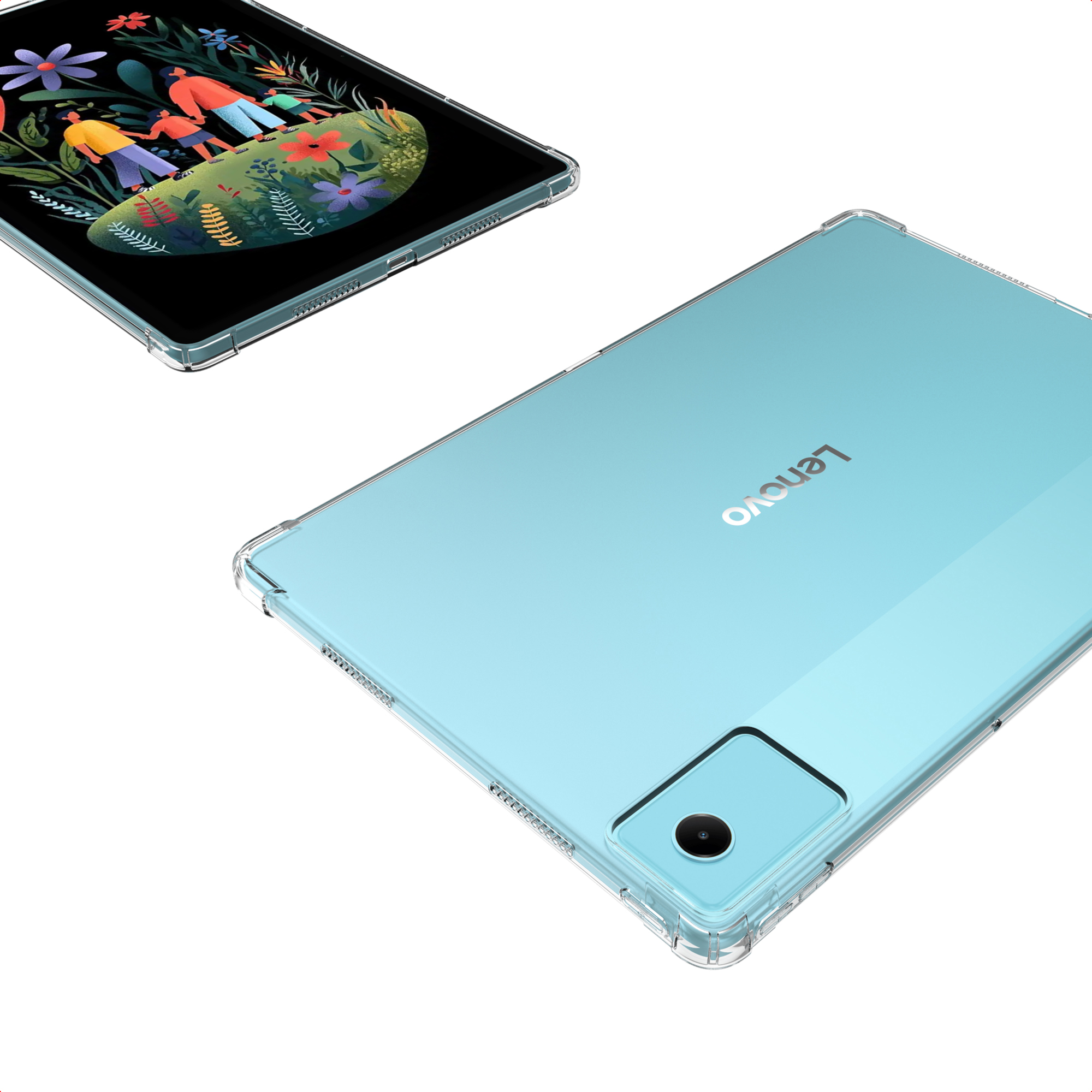 A tablet with a light blue back and a screen showing a family in a garden. The tablet is in a clear case.