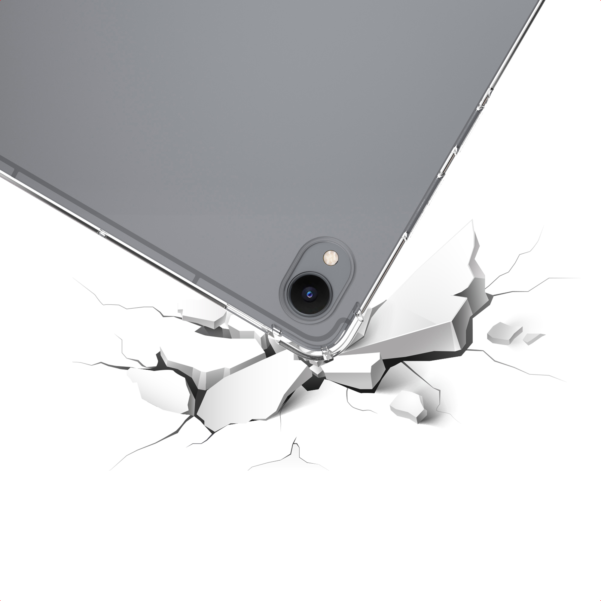 Een tablet breekt door een oppervlak. Het oppervlak scheurt en breekt in stukken. Witte achtergrond.