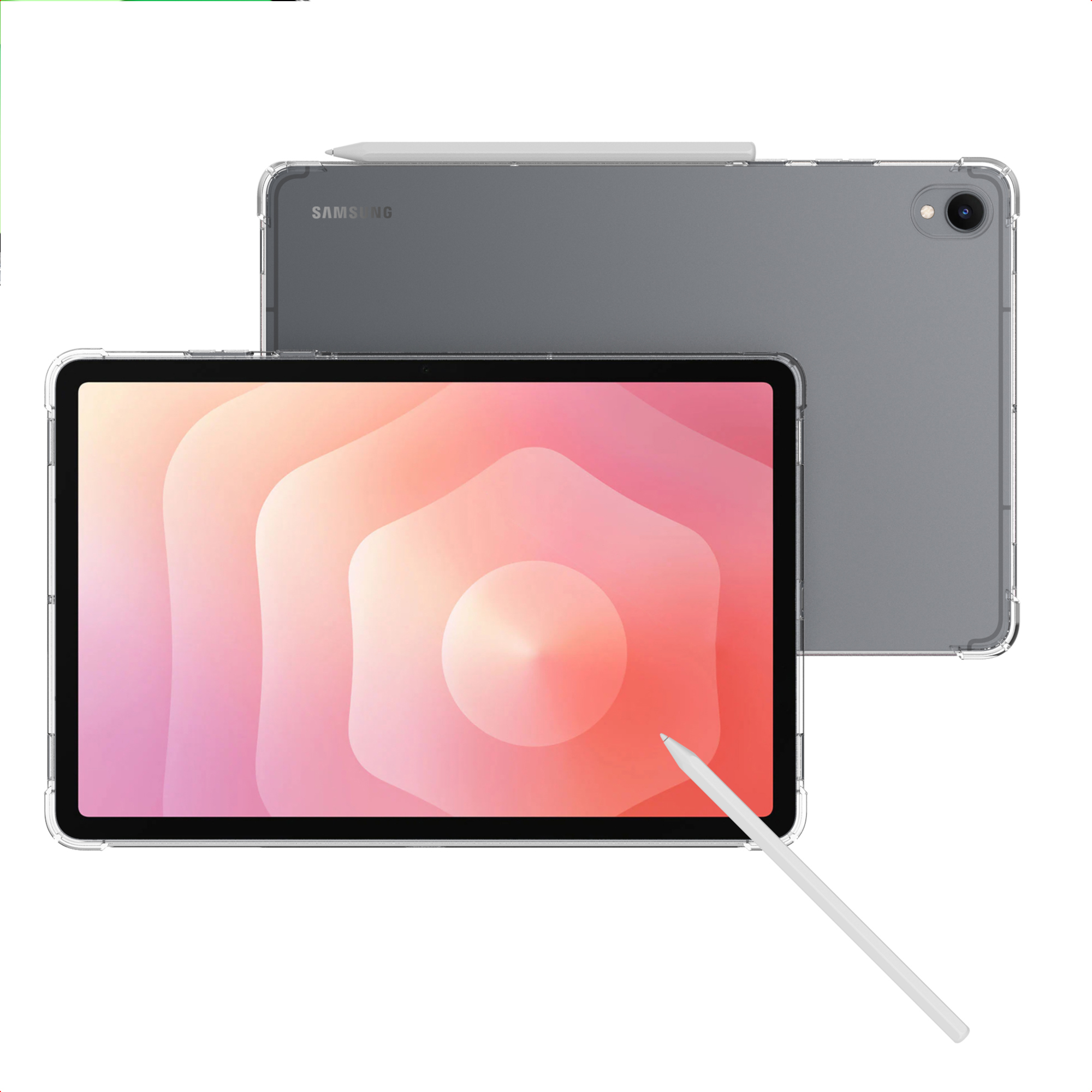 Twee tablets met een stylus. Eén toont het scherm, de ander de achterkant. Beide zitten in doorzichtige hoesjes.
