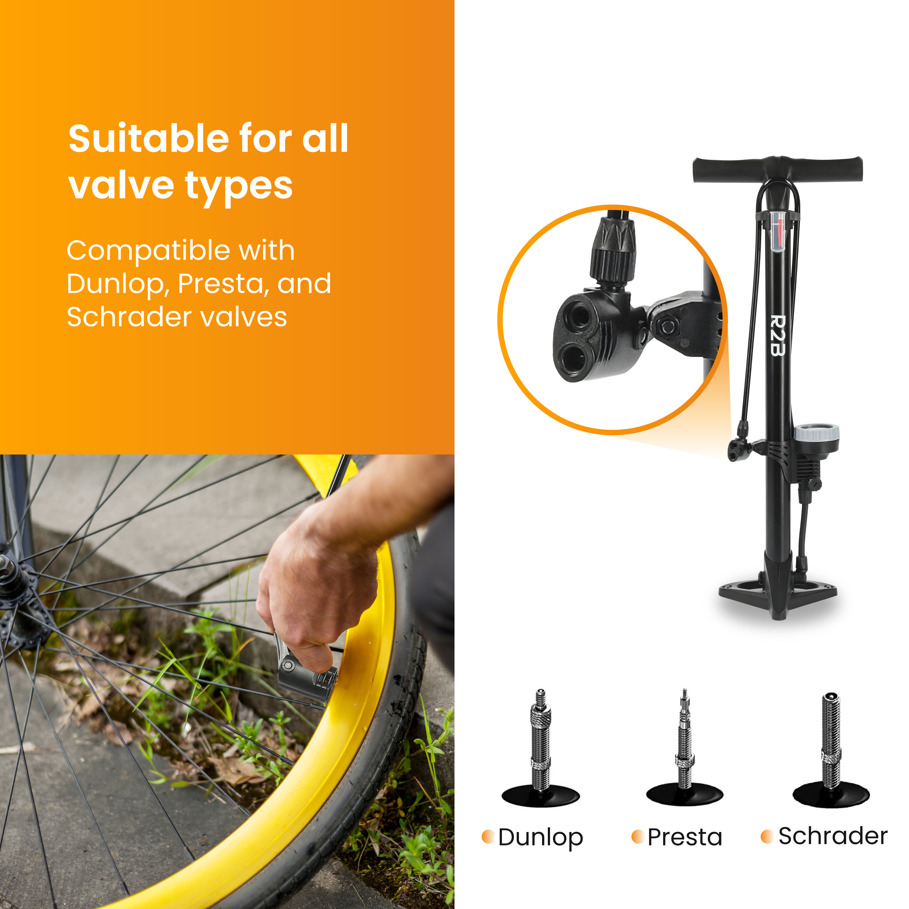 Eine Fahrradpumpe und Ventiltypen sind abgebildet. Eine Person benutzt die Pumpe an einem gelben Reifen. Text sagt, es ist kompatibel.