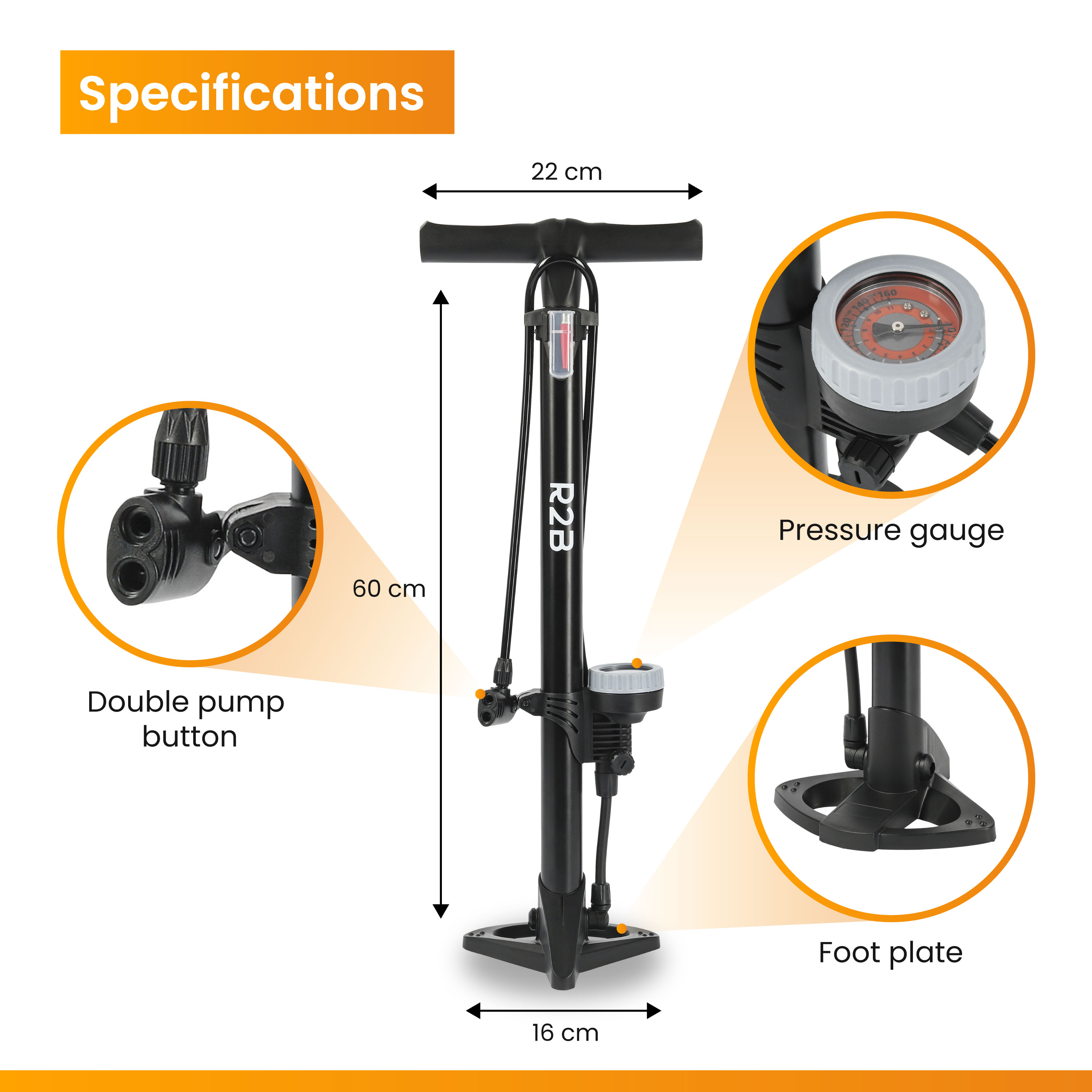 Eine schwarze Fahrradpumpe mit Manometer, doppelter Pumpentaste und Fußplatte wird gezeigt. Maße: 22 cm, 60 cm und 16 cm.