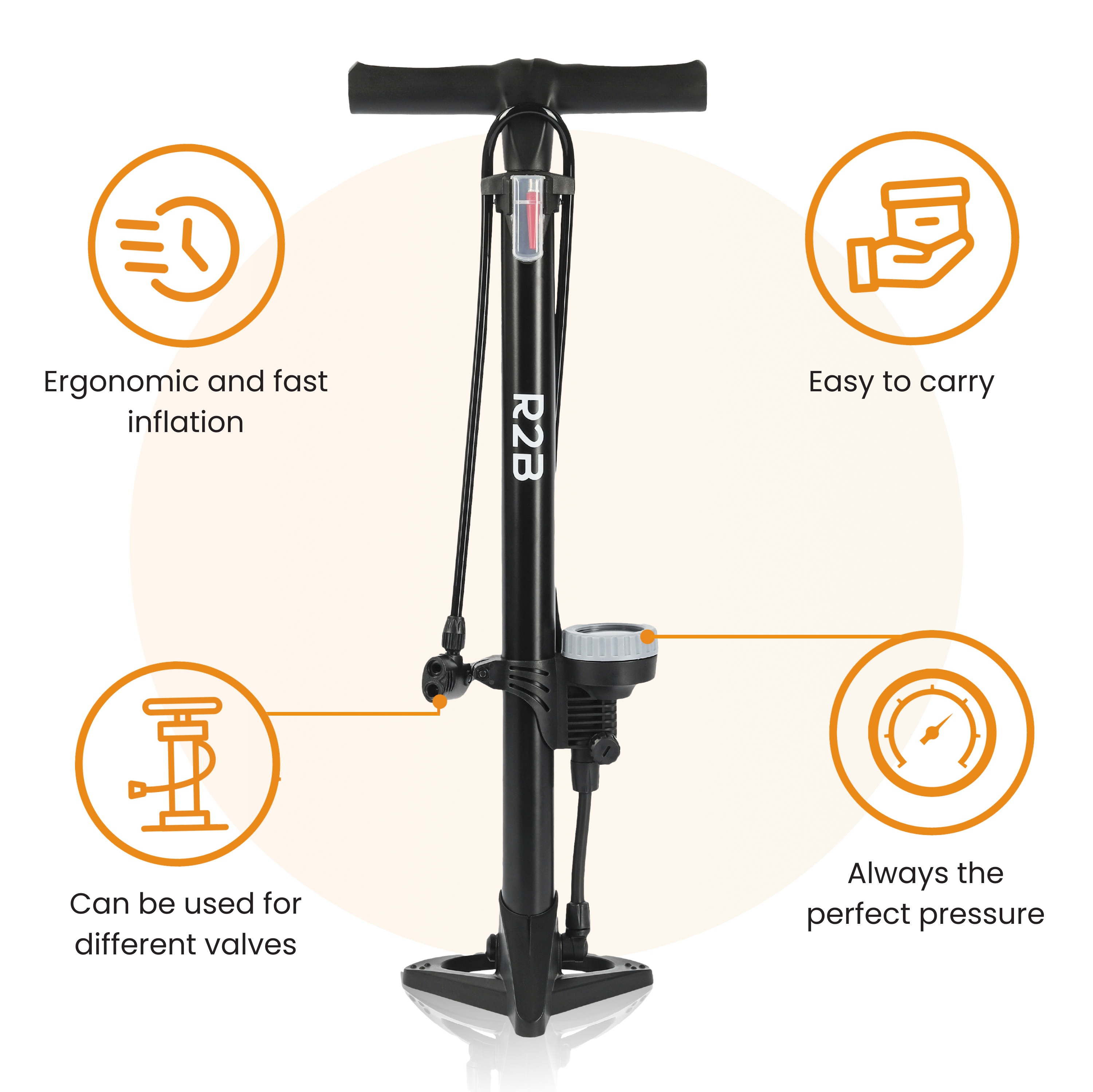Eine schwarze Fahrradpumpe mit orangefarbenen Symbolen, die Eigenschaften wie einfaches Tragen und perfekten Druck anzeigen.
