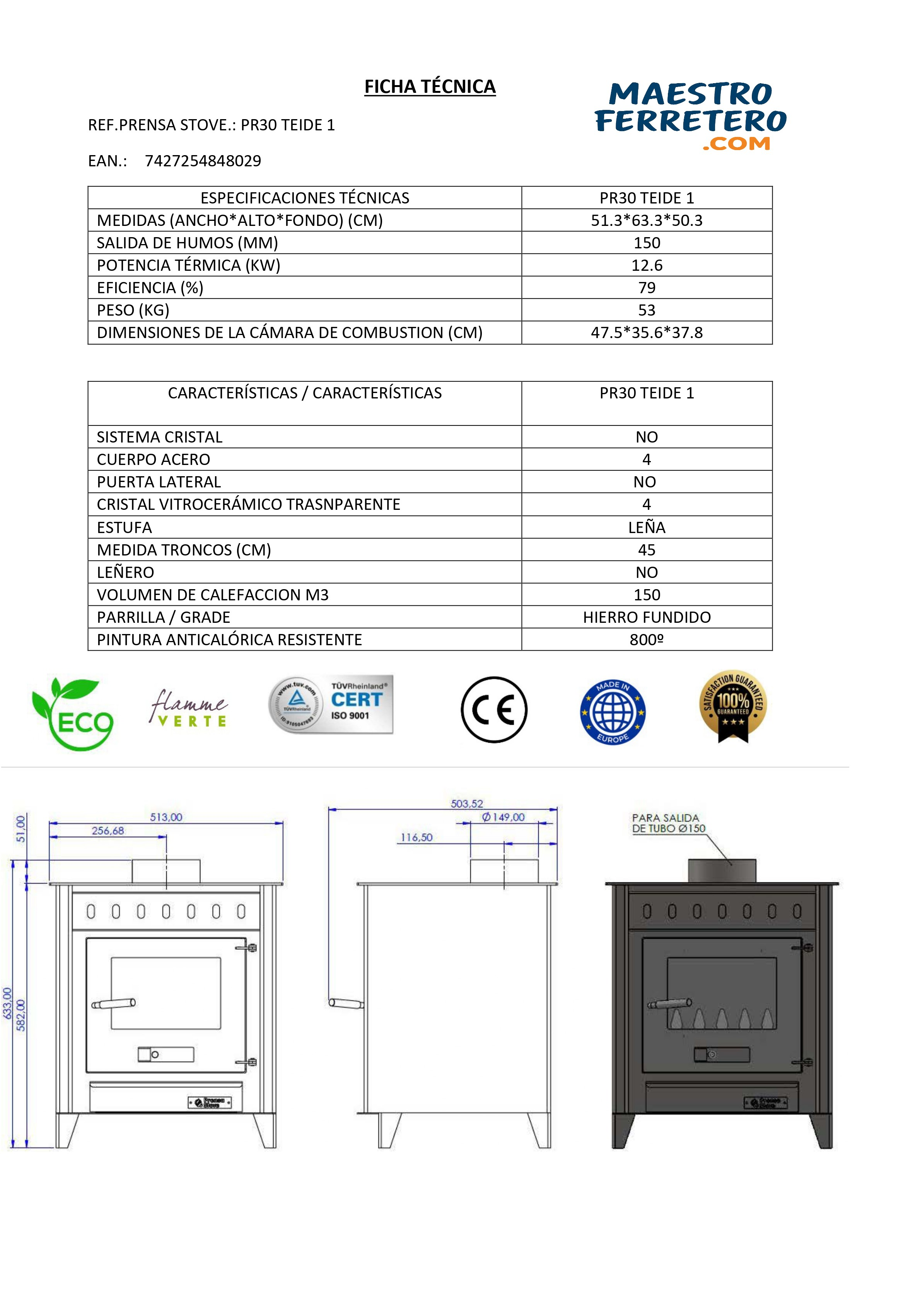 Dibujo técnico de una estufa con dimensiones y especificaciones.