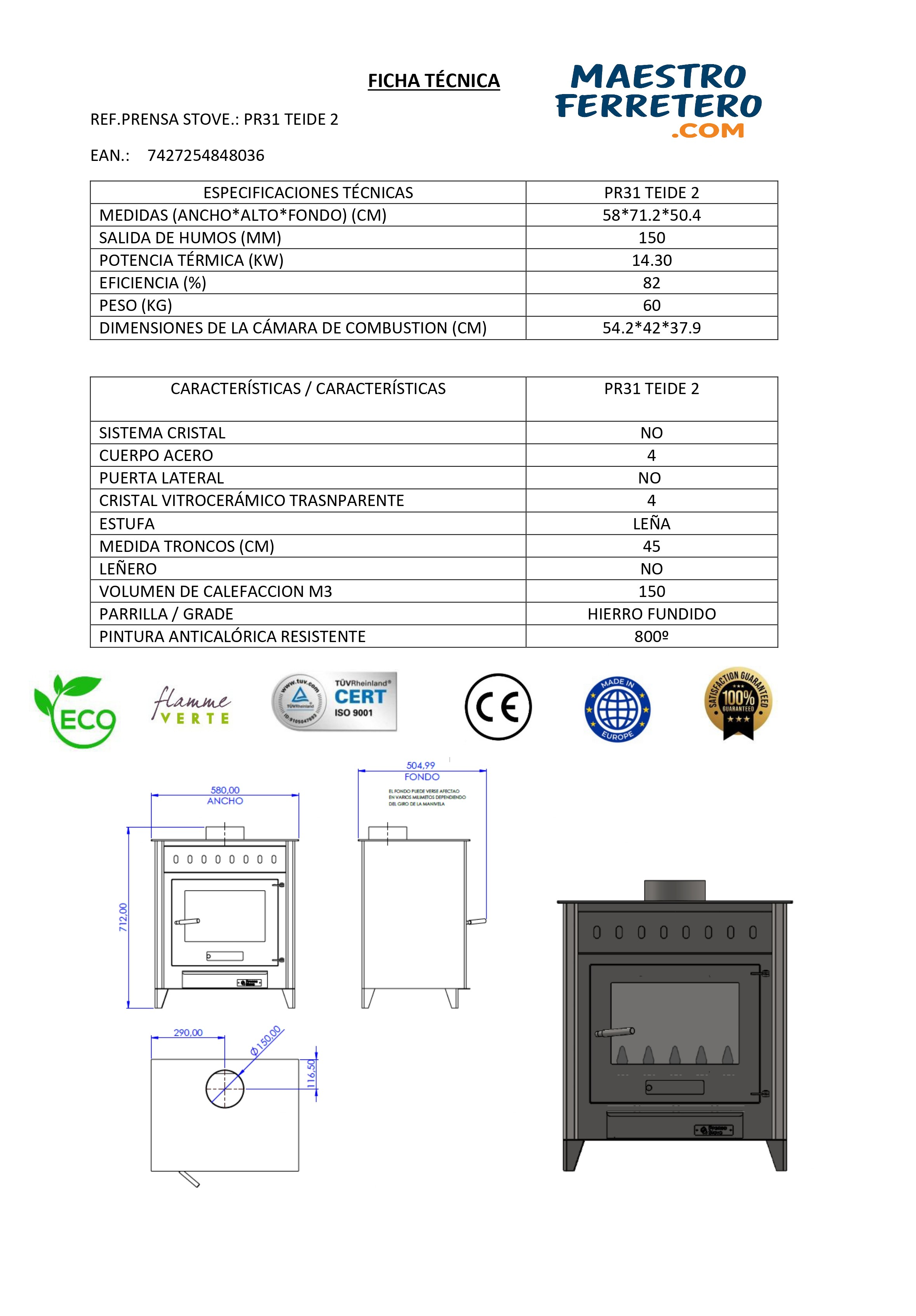 Ficha técnica de una estufa con dimensiones y características, incluyendo dibujos y logotipos.
