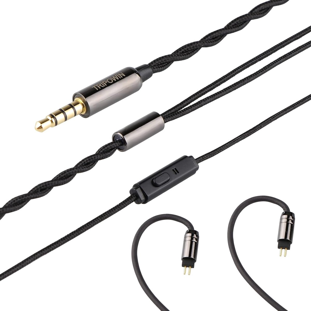 Cavo audio nero con jack in metallo e controllo in linea. Connettori auricolari alla fine del cavo.