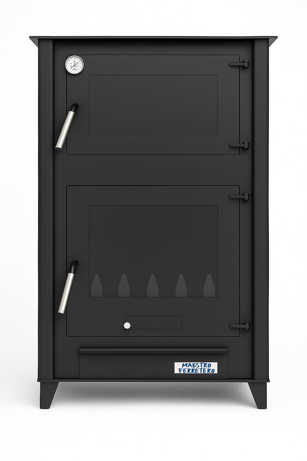 Un horno de metal negro con dos puertas de vidrio, un termómetro y manijas plateadas. El nombre 'Maestro Ferretero' está en él.