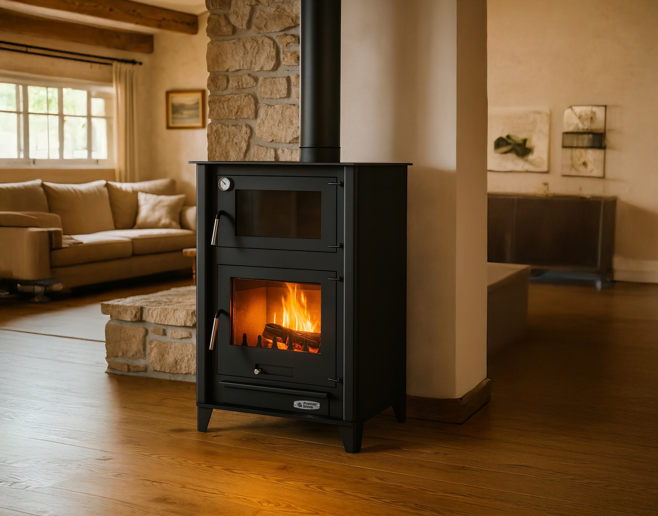 Una estufa negra con fuego dentro, en una habitación con sofá y pared de piedra.