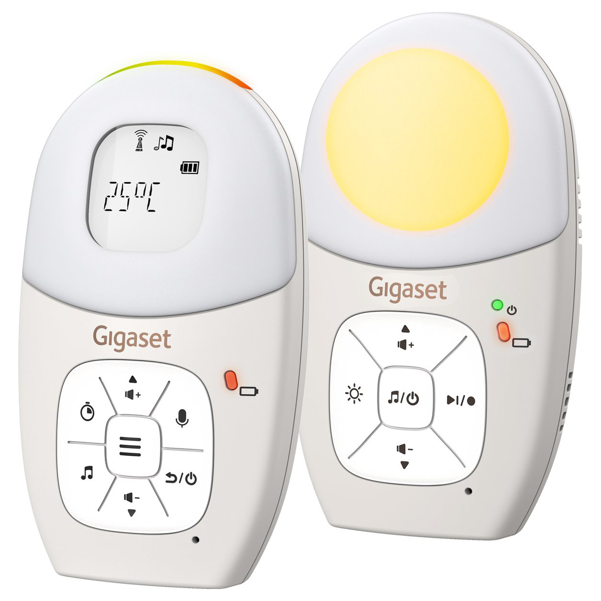 Twee Gigaset babyfoons. Eén toont de temperatuur. Knoppen voor volume, muziek en stroom zijn zichtbaar. De andere heeft een licht.