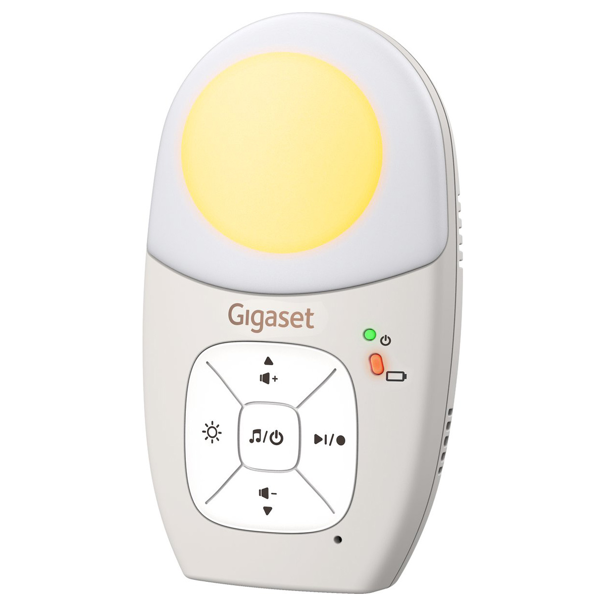 Een witte Gigaset babyfoon met een geel licht, bedieningsknoppen en indicatoren. Het heeft een aan/uit-knop en volumeregelaars.