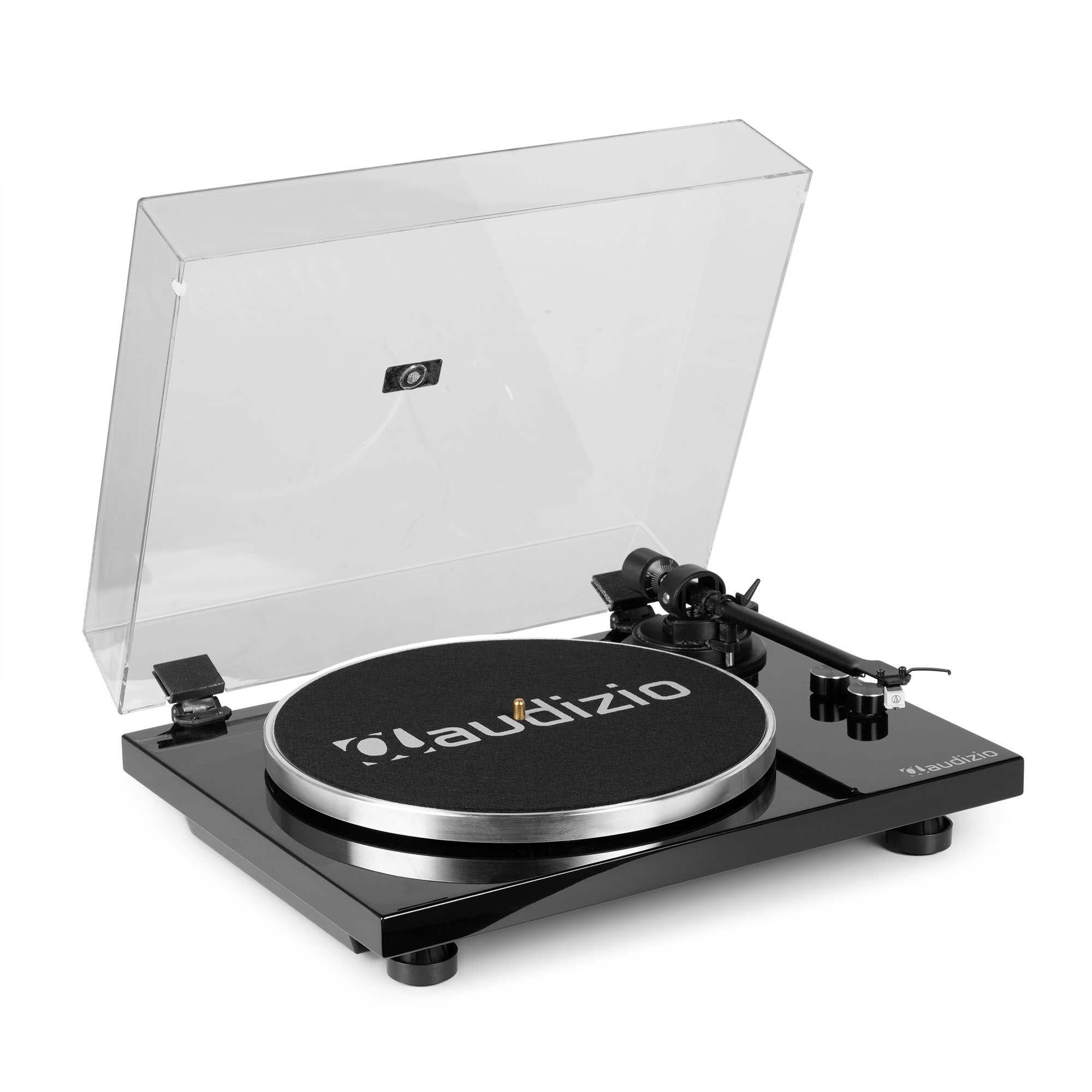 Se muestra un tocadiscos Audizio negro con una cubierta transparente. El tocadiscos está sobre un fondo blanco.