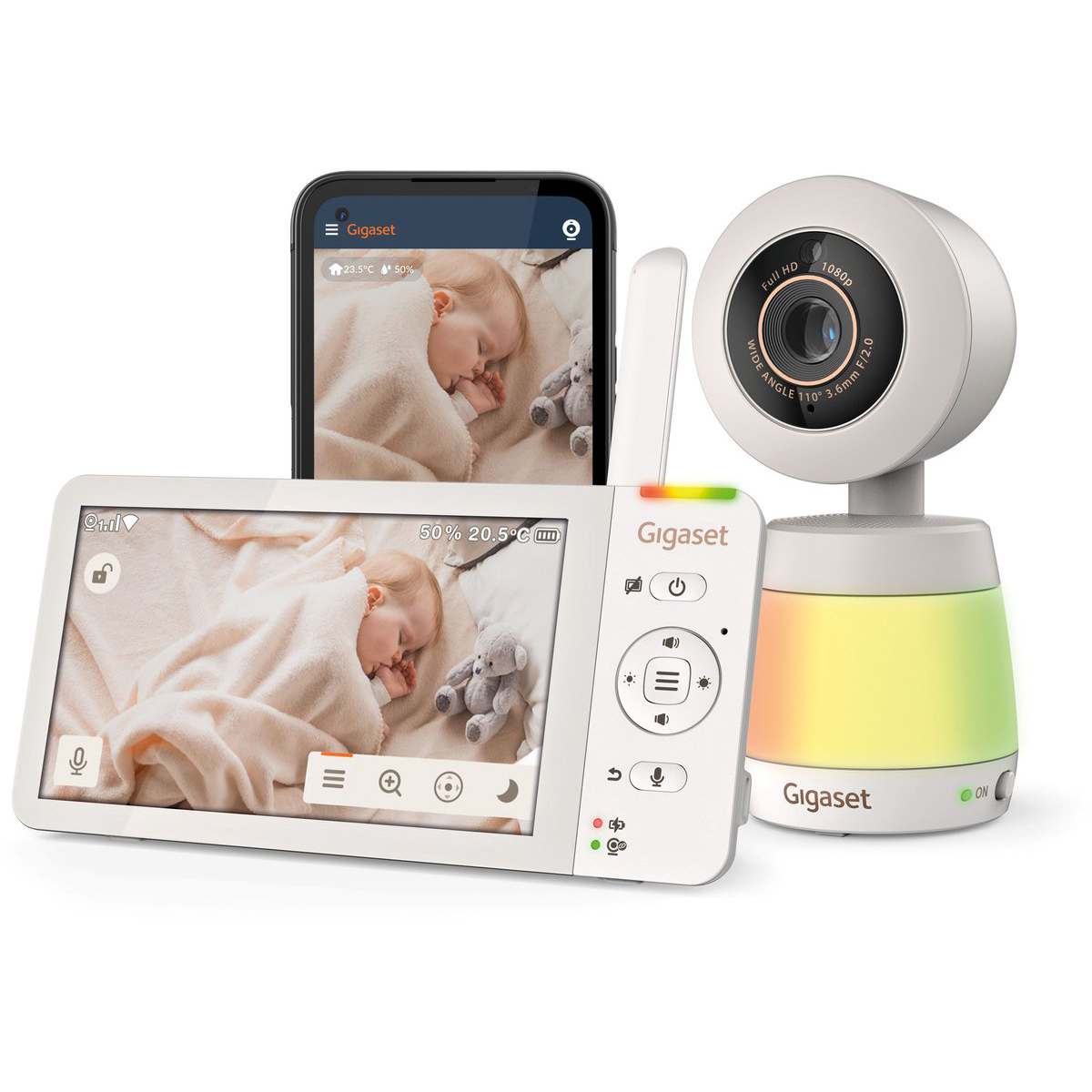 Un set di baby monitor mostra un bambino che dorme su uno schermo e un telefono. Sono visibili anche una fotocamera e un monitor.