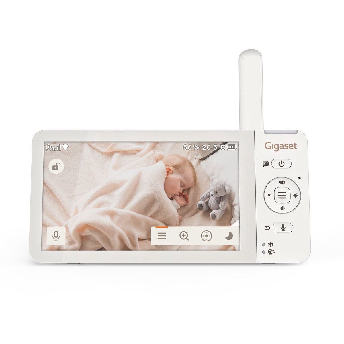 Il baby monitor mostra un bambino che dorme avvolto in una coperta, vicino a un orsacchiotto. Il monitor mostra temperatura e batteria.