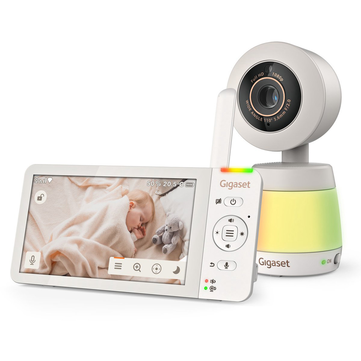 Un baby monitor mostra un bambino che dorme avvolto in una coperta. Sono visibili una telecamera e un monitor con marchio Gigaset.