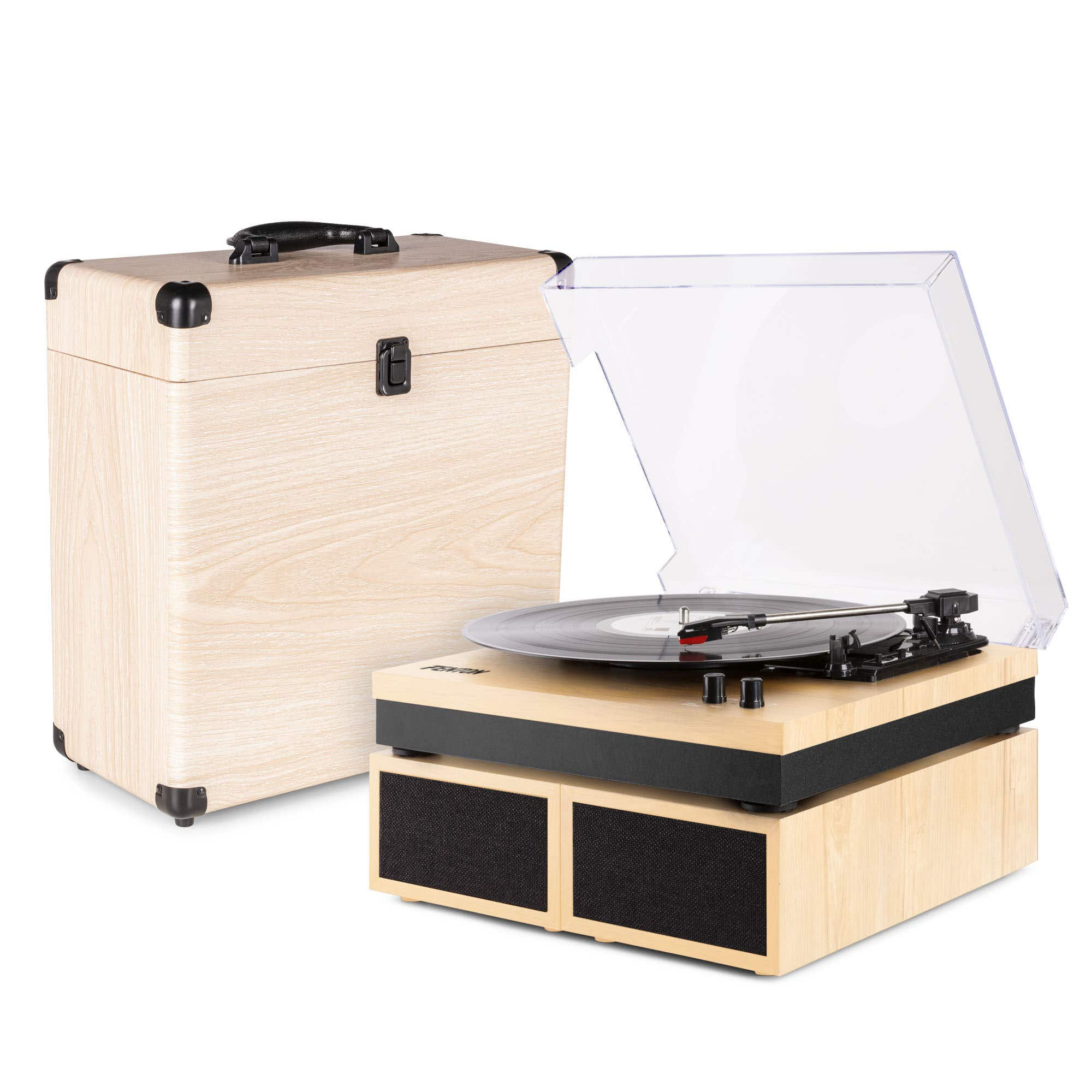 Een platenspeler met een transparante deksel en een houten koffer, met een bijpassende houten opbergkoffer.