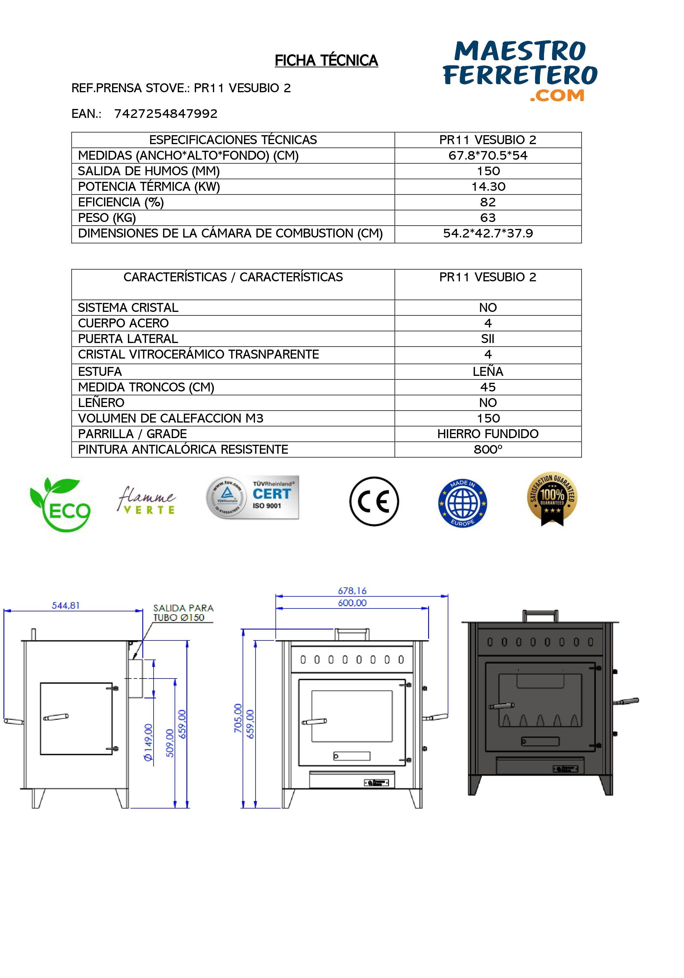 Ficha técnica con diagrama de estufa, dimensiones y especificaciones.