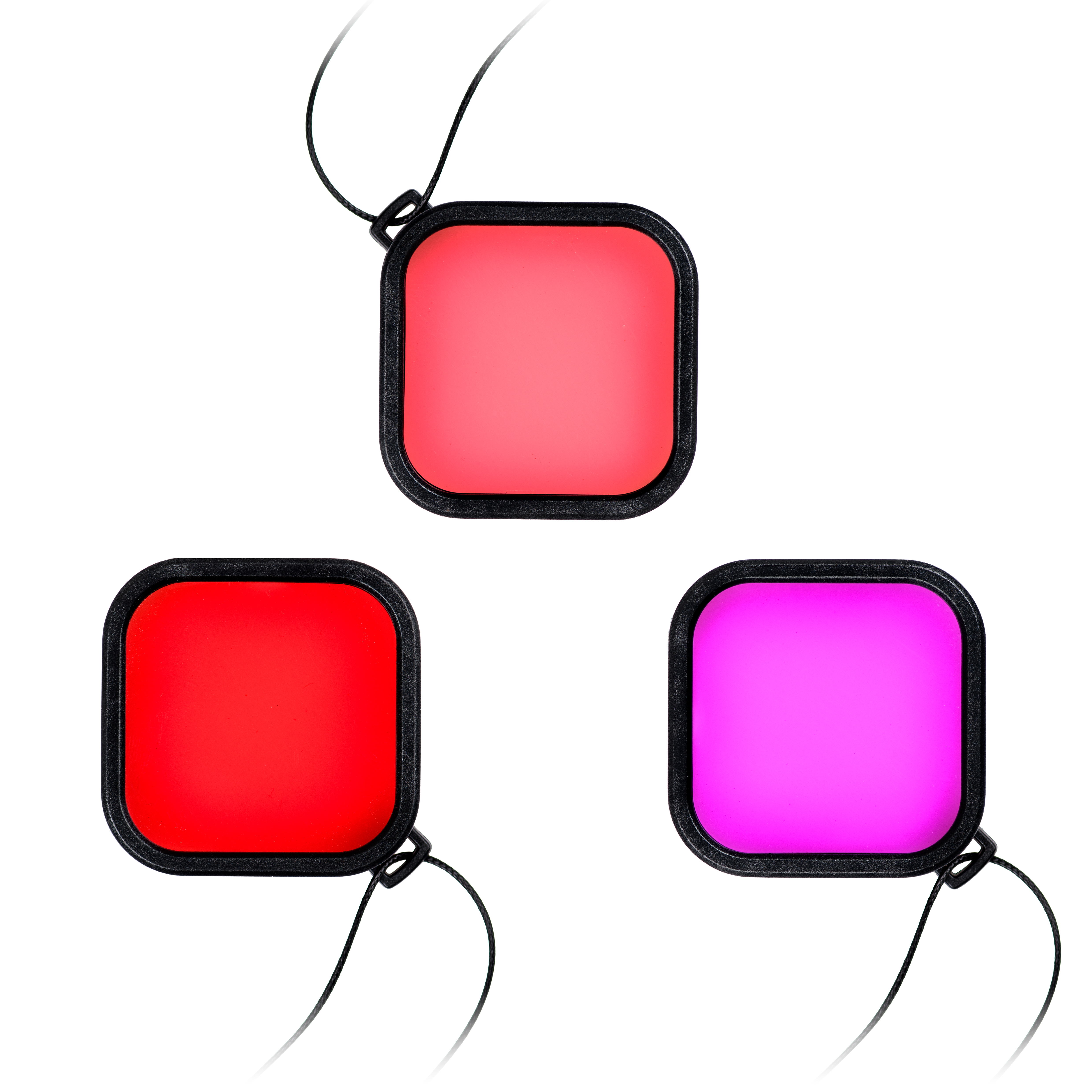Three square filters with rounded corners, red, red and pink. Each has a black frame and a black string.
