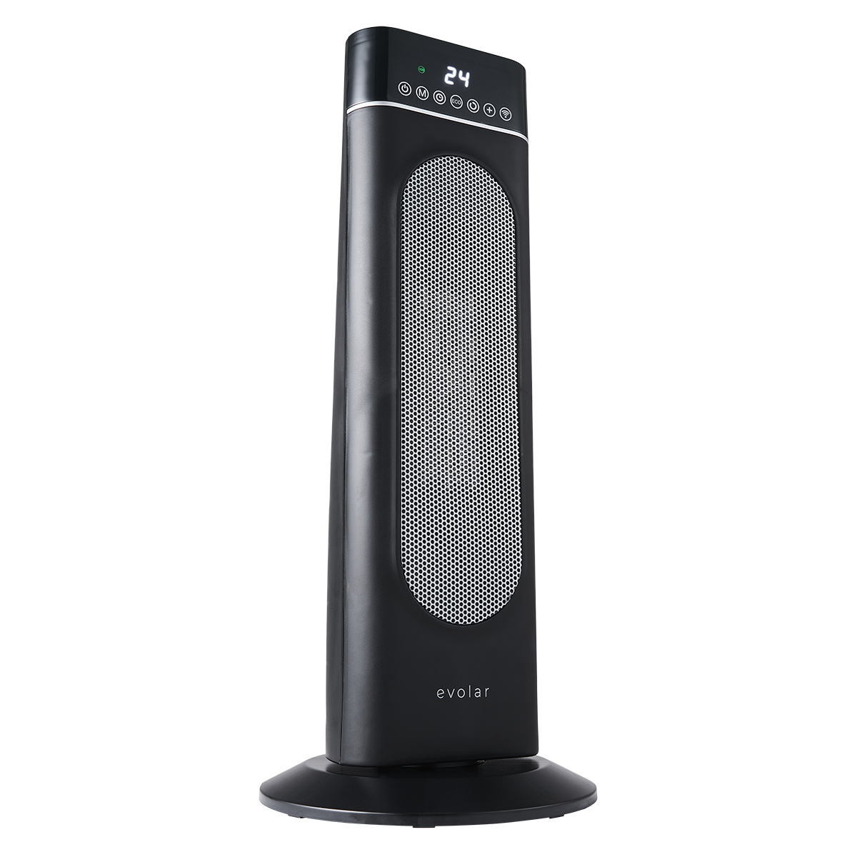 Termoventilatore a torre nero con display digitale che mostra 24. Ha un frontale a rete e una base rotonda. Il marchio è 'evolar'.