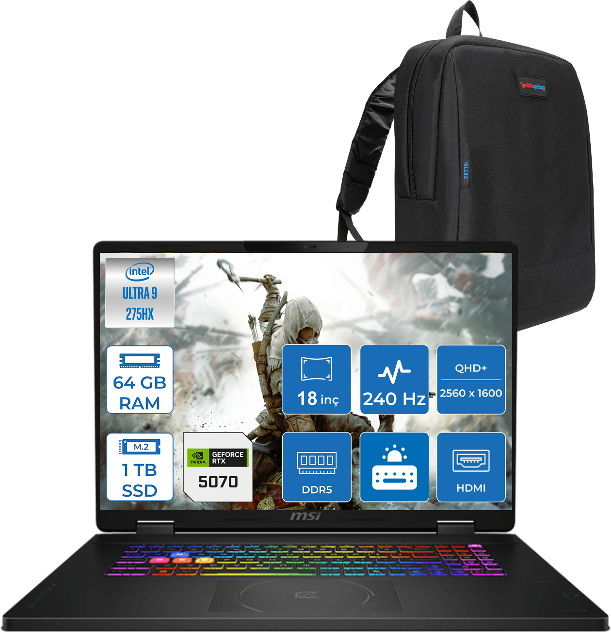 MSI Crosshair 18 HX 8GB/RTX5070 2.5K 240Hz W032XTRF27 Core™ Ultra 9 275HX 64 GB RAM 1 TB SSD 18 inç FreeDOS Laptop+Çanta Metalik Siyah