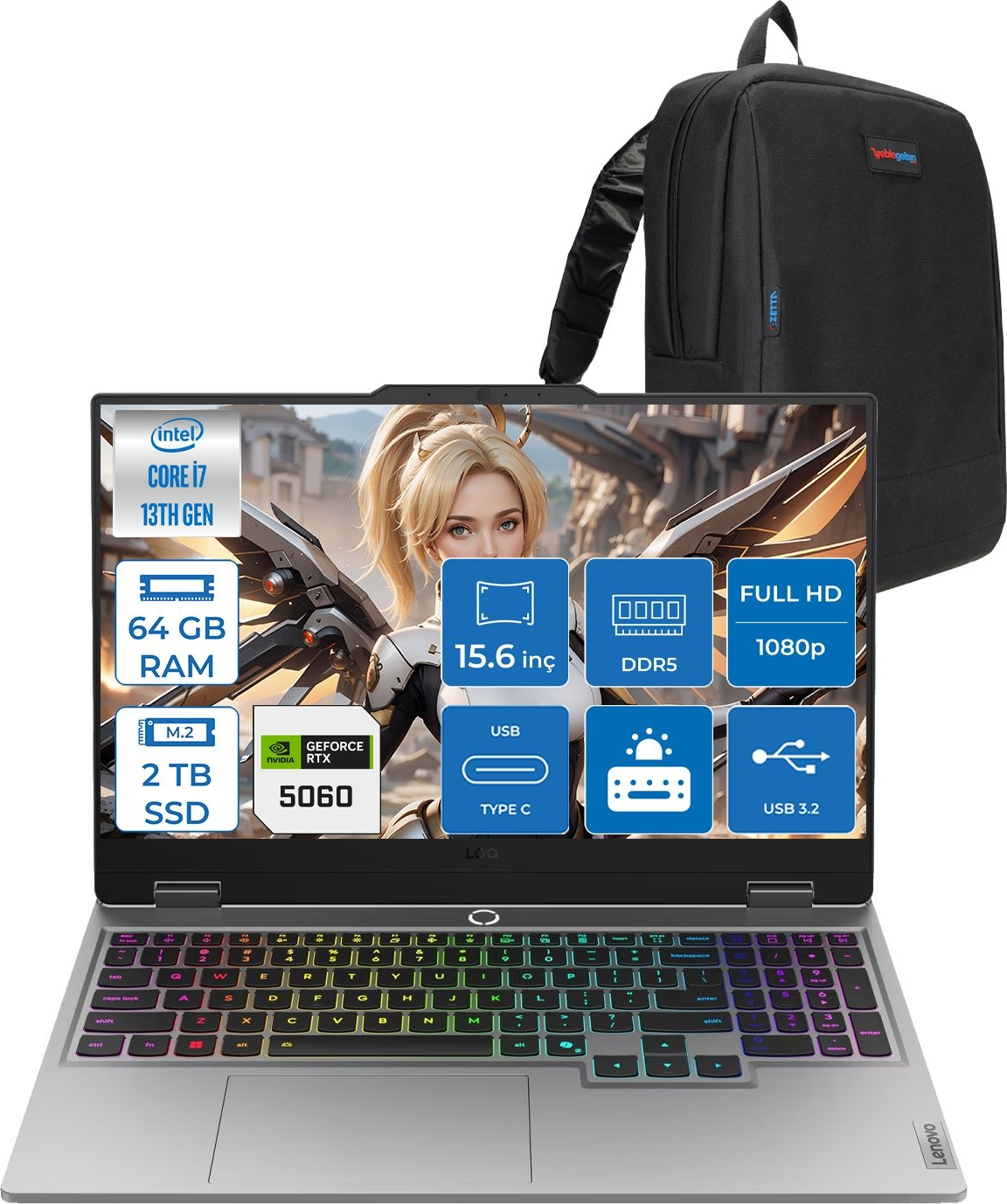 LENOVO LOQ 8GB/RTX5060 FHD IPS 144Hz 83JE00LFTRF19 Core™ i7 13700HX 64 GB RAM 2 TB SSD 15,6 inç FreeDOS Laptop+Çanta Siyah - Gri