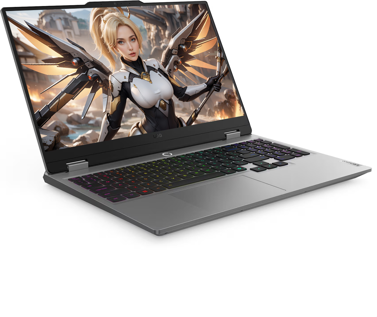 Bir Lenovo dizüstü bilgisayarı, beyaz ve siyah bir takım elbise giymiş, kanatlı bir kadın gösteriyor. Klavyenin renkli aydınlatması var.