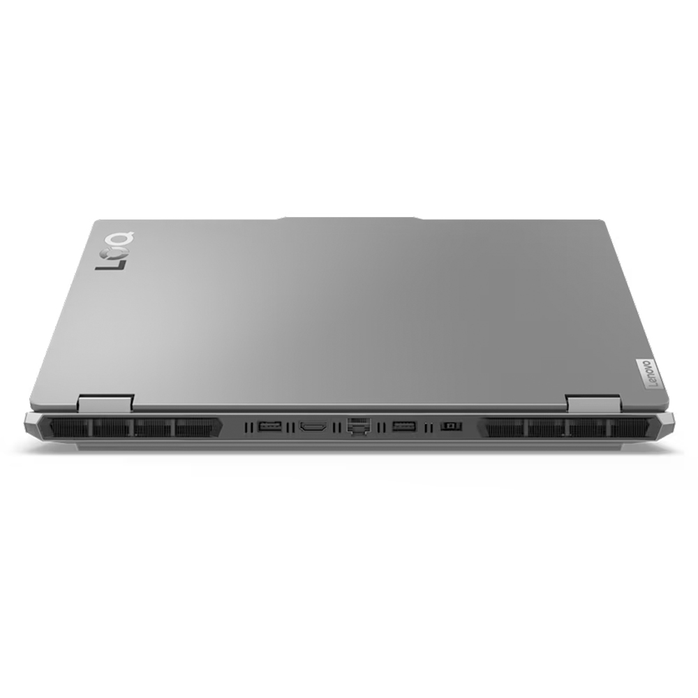 Gri bir Lenovo dizüstü bilgisayar, alçak bir açıdan gösteriliyor. Kapak kapalı ve Lenovo logosunu gösteriyor.