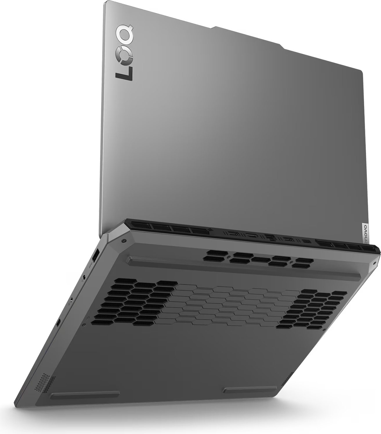 Gri bir Lenovo dizüstü bilgisayar, aşağıdan yukarı doğru açıyla gösteriliyor. Altında petek tasarımı ve bir Lenovo logosu var. Ekran açık.