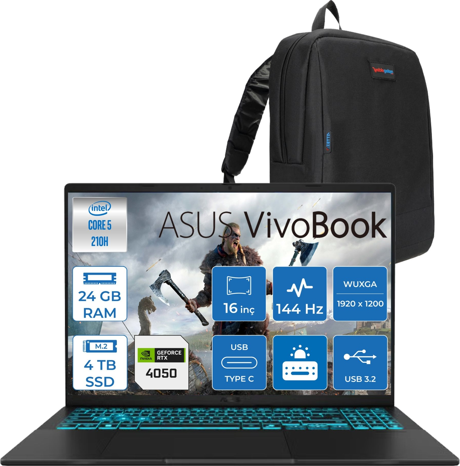 Özellikleri olan bir Asus Vivobook dizüstü bilgisayar ve siyah bir sırt çantası. Dizüstü bilgisayar ekranında bir savaşçı gösteriliyor. Özellikler arasında RAM, SSD ve bağlantı noktaları yer alıyor.