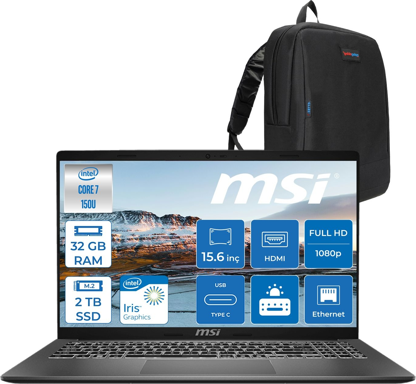 MSI Modern 15 IPS FHD (1920X1080) F1MG632XTRF19 Core™ i7 150U 32 GB RAM 2 TB SSD 15,6 inç FreeDOS Laptop+Çanta Gri