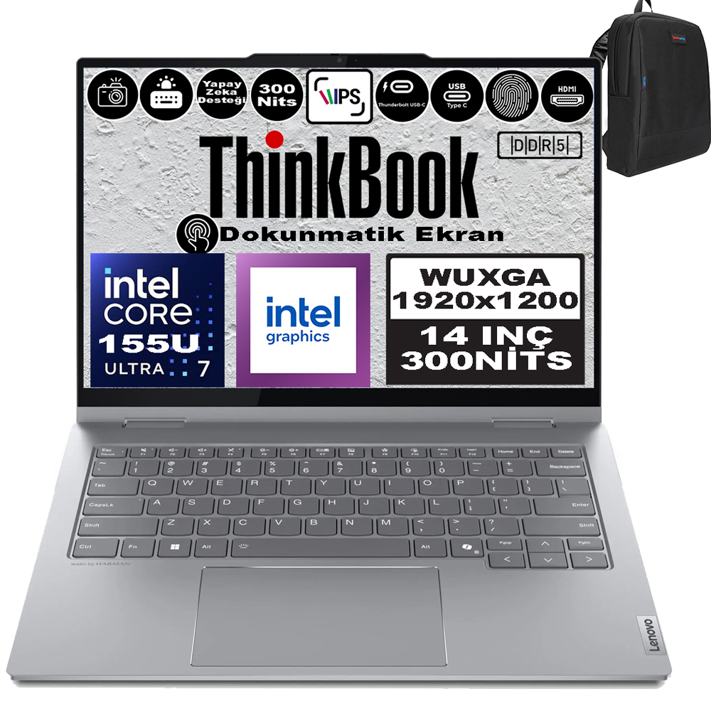 Açık bir Lenovo ThinkBook dizüstü bilgisayar, ekranı ve özelliklerini gösteriyor, sağda bir sırt çantası var.