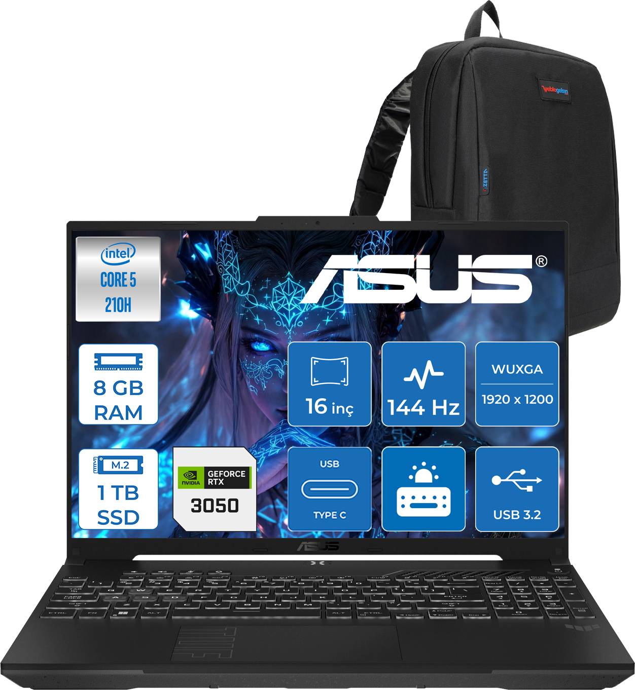 ASUS TUF Gaming F16 RTX3050 6GB WUXGA 144Hz IPS RL033F03 Core™ i5 210H 8 GB RAM 1 TB SSD 16 inç FreeDOS Laptop+Çanta Gri