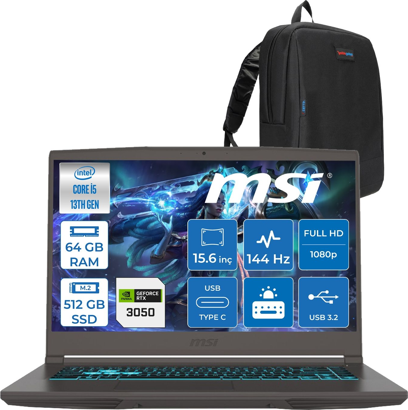 MSI Thin 15 4GB/RTX3050 FHD 144Hz IPS 2868XTRF21 Core™ i5 13420H 64 GB RAM 512 GB SSD 15,6 inç FreeDOS Laptop+Çanta Gri - Koyu Gri