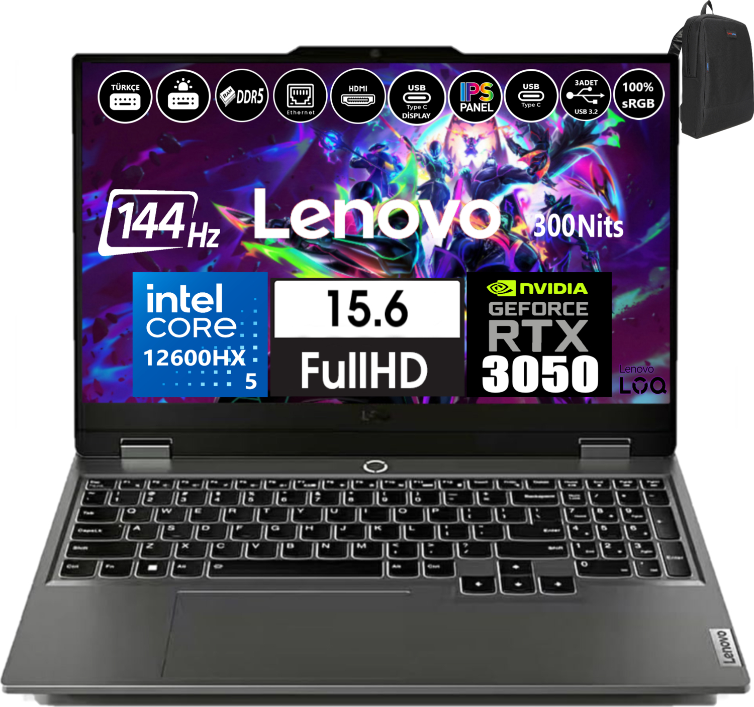 Bir Lenovo dizüstü bilgisayar açık, özellikleri gösteriyor. Sağ üstte bir sırt çantası var. Bir klavye, ekran ve çeşitli teknoloji logolarına sahip.