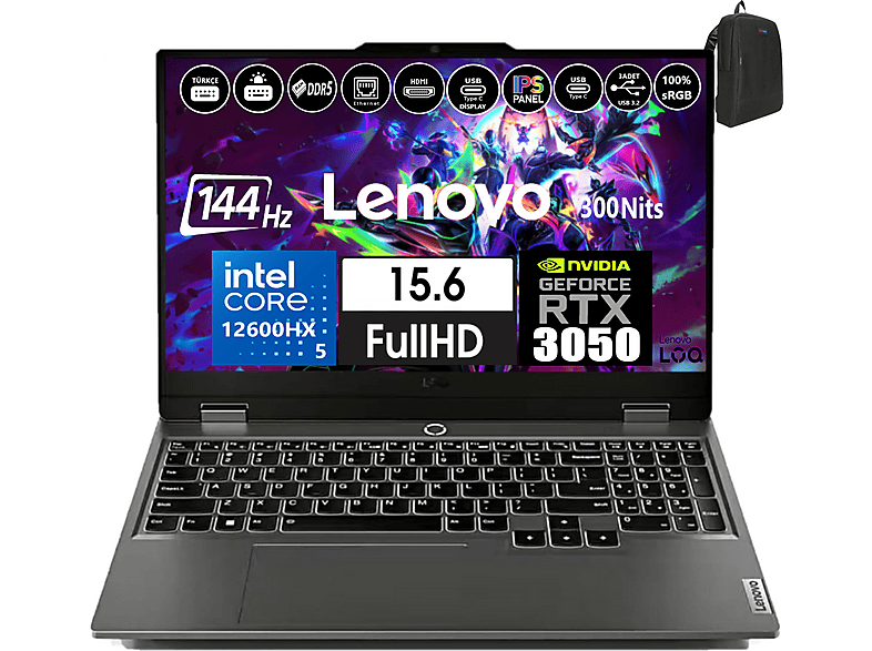 LENOVO LOQ 15IAX9 6GB/RTX3050 FHD IPS 883GS00PDTR01 Core™ i5 12600HX 24 GB RAM 512 GB SSD 15,6 inç FreeDOS Laptop+Çanta Metalik Gri