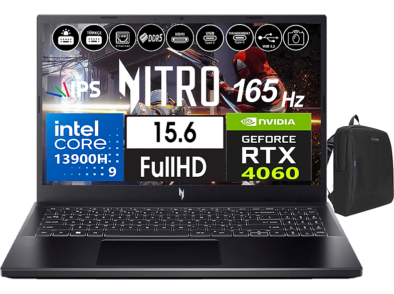 ACER Nitro 5 ANV15-51 V15 8GB RTX4060 165Hz FHD NHQQEEY00503 Intel Core i9-13900H 24 GB RAM 2 TB SSD 15,6 inç FreeDOS Laptop Siyah